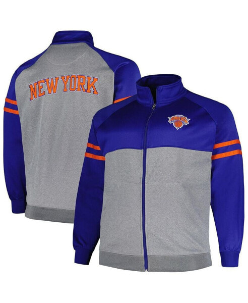 Men's Blue, Heather Gray New York Knicks Big and Tall Pieced Stripe Raglan Full-Zip Track Jacket