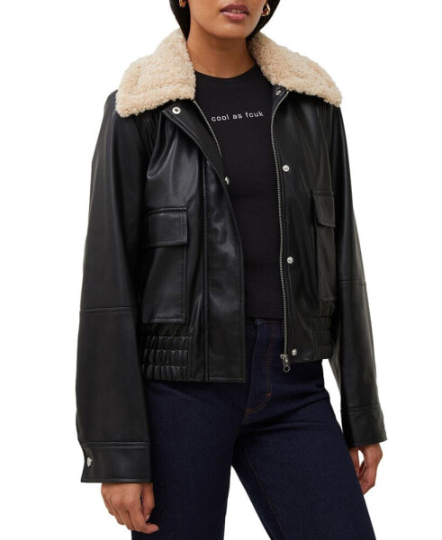 Women's Faux-Leather Long-Sleeve Coat