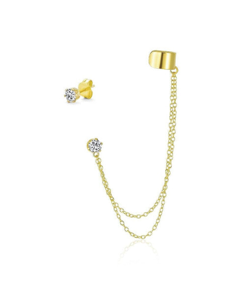 Серьги Bling Jewelry Geometric Cartilage Band With Chain Ear Warp Cuff CZ Stud Yellow Gold Plated