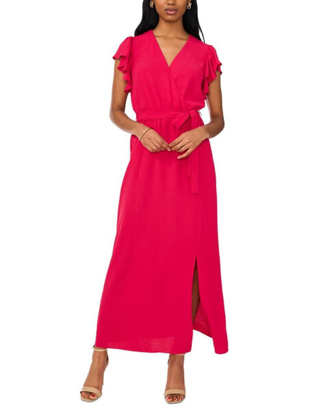 Women's V-Neck Flutter-Sleeve Belted Maxi Dress