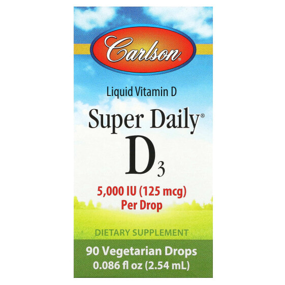 Витамин D Carlson Super Daily, D3, 125 мкг (5 000 МЕ), 90 вегетарианских капель, 2,54 мл