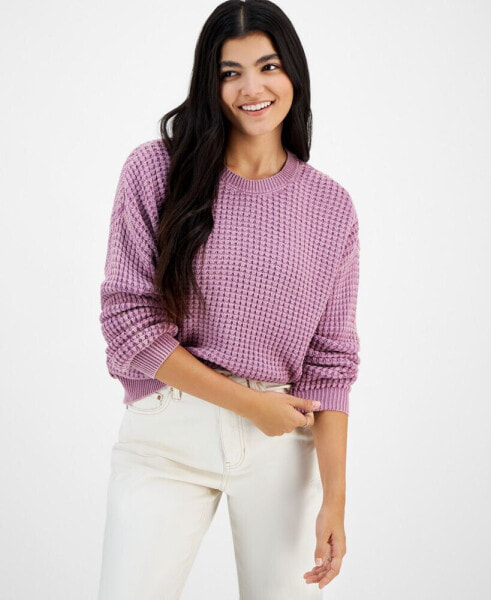 Juniors' Cotton Waffle-Knit Crewneck Sweater