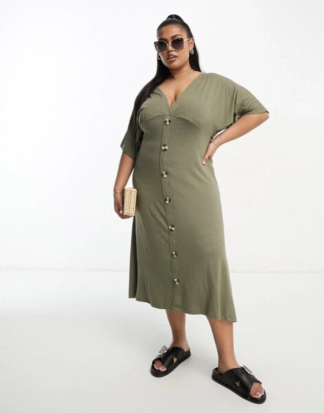 ASOS DESIGN Curve – Midi-Freizeitkleid in Khaki mit Knöpfen und Flatterärmeln