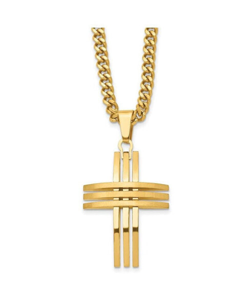 Chisel brushed Yellow IP-plated Cross Pendant Curb Chain Necklace