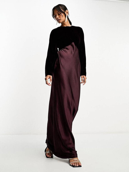 ASOS DESIGN satin batwing bias cut maxi dress with contrast velvet bodice in burgundy