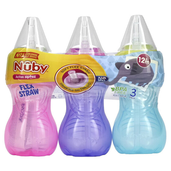 Nuby, Clik-it FlexStraw Cup, для детей от 12 месяцев, для девочек, 3 упаковки по 300 мл (10 унций)