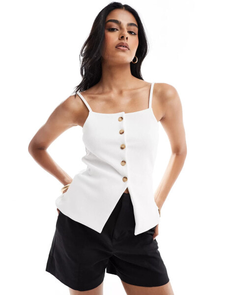 ASOS DESIGN rib button through top with 90's boat neck in white