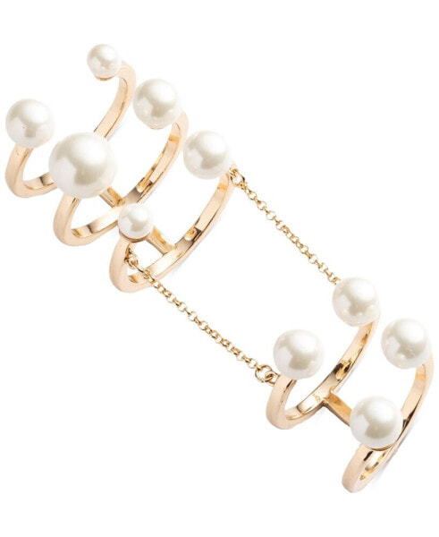 Gold-Tone Imitation Pearl Multi Band & Chain Cuff Ring