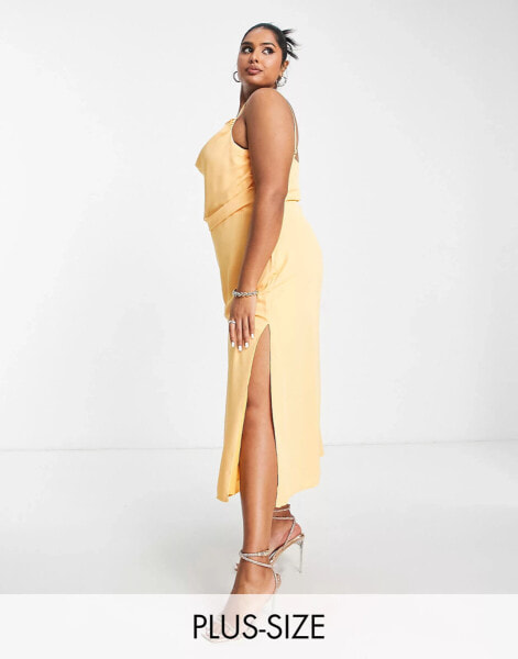 Pretty Lavish Curve Keisha ruched midaxi dress with thigh split in matte orange