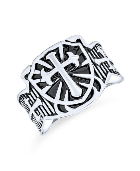 Religious Viking Shield Maltase Fleur De Lis Cross Signet Band Ring Oxidized Silver Tone Stainless Steel