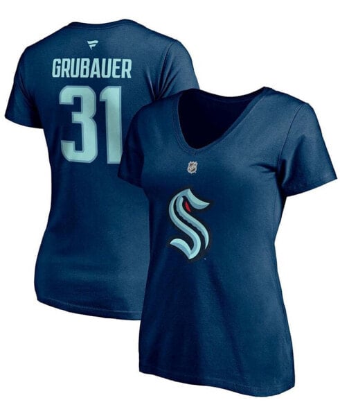 Women's Philipp Grubauer Deep Sea Blue Seattle Kraken Authentic Stack Name and Number V-Neck T-shirt