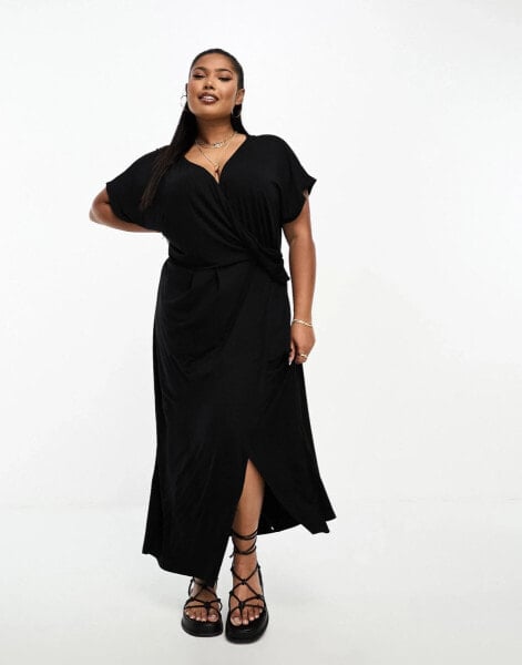 ASOS DESIGN Curve pleated drape tea midi dress in black