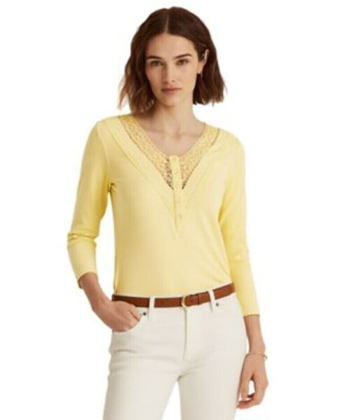 Lauren Ralph Lauren Stretch Infused Henley Knit Top Yellow Bloom L