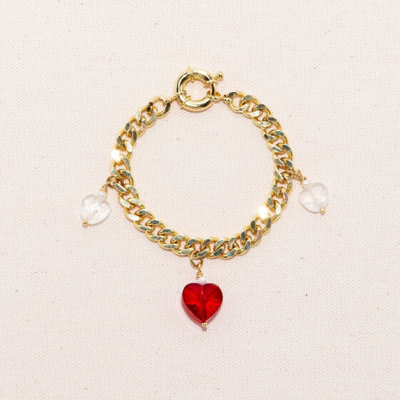 18K Gold Plated Freshwater Pearls Chunky Chain with Glass Red Heart Charm - Kokoro Bracelet 7" For Women and Girls