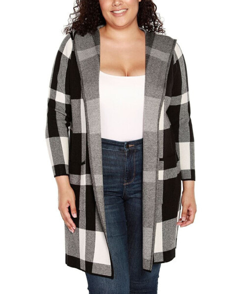 Plus Size Hooded Plaid Coatigan Sweater