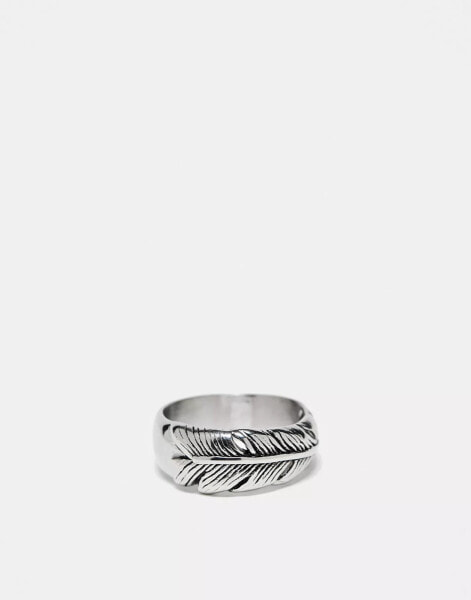 ASOS DESIGN waterproof stainless steel band ring with feather design in silver tone