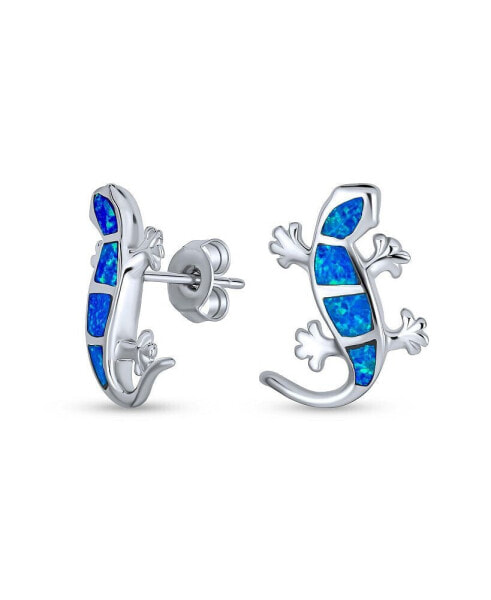 Iridescent Blue Created Opal Inlay Garden Gecko Lounge Lizard Stud Earrings For Women .925 Sterling Silver October Birthstone