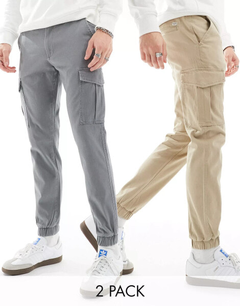 Jack & Jones 2 pack cuffed cargo trouser in beige & grey