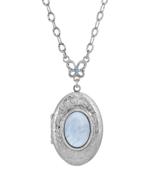 Silver-Tone Semi Precious Oval Stone Locket Necklace