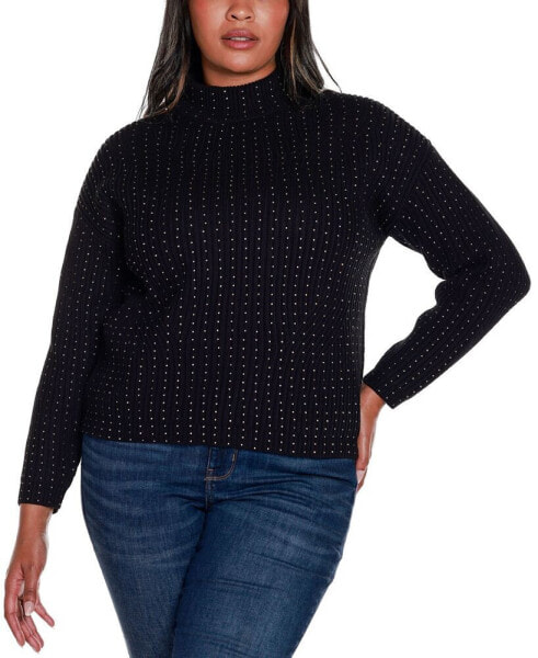 Black Label Plus Size Embellished Mock Neck Ribbed Sweater