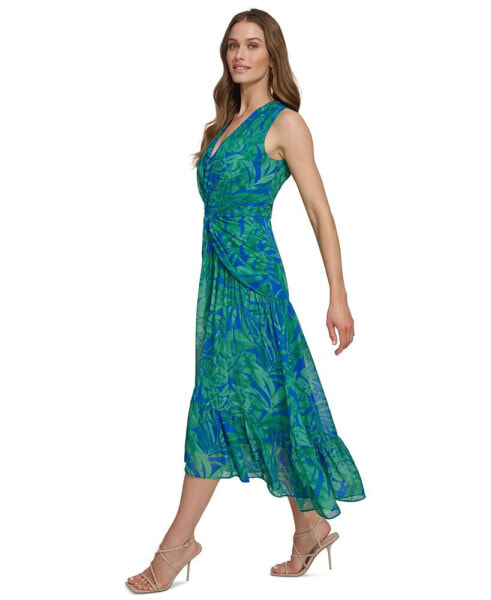 Women's Printed V-Neck Twist-Front A-Line Dress