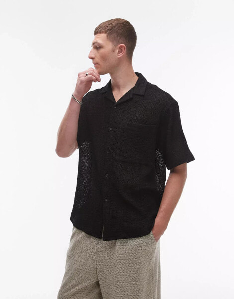 Topman short sleeve relaxed open weave crochet shirt in black