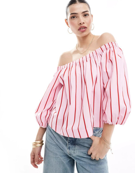 Stradivarius off shoulder top in pink stripe