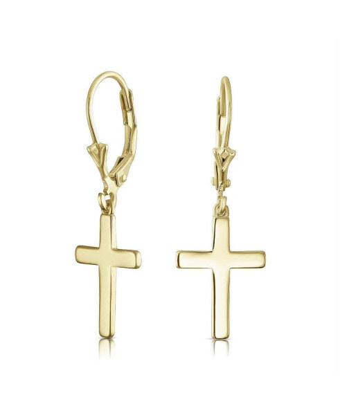 Minimalist Simple Delicate Small Religious Cross Drop Dangle Earrings Teen Secure Lever back High Polished Yellow 14K Gold Plated Sterling Silver