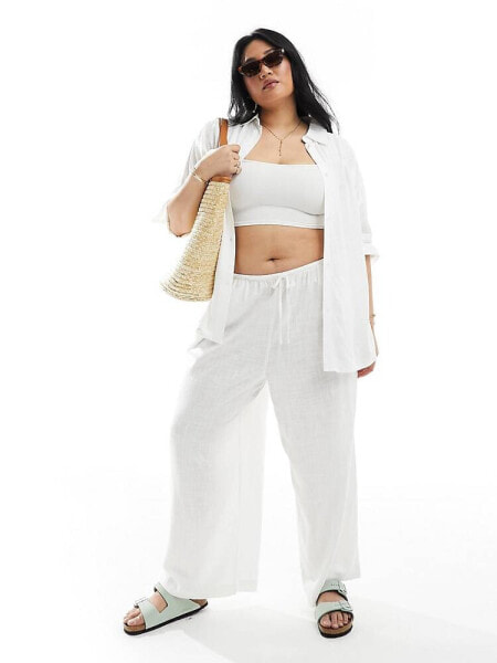 ASOS DESIGN Curve wide leg pull on trouser with linen in white