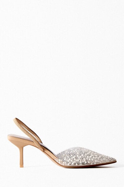 High-heel slingback shoes with faux pearls