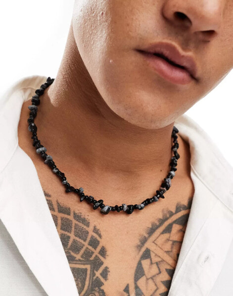 ASOS DESIGN beaded necklace with stone chips in black