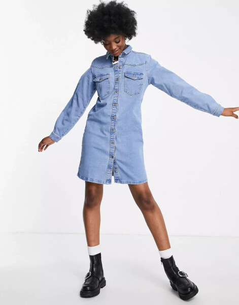 Pieces button front mini shirt dress in light blue denim