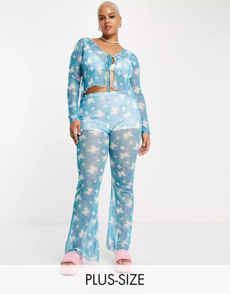 Daisy Street Plus high waisted lettuce hem flare trousers in butterfly mesh co-ord