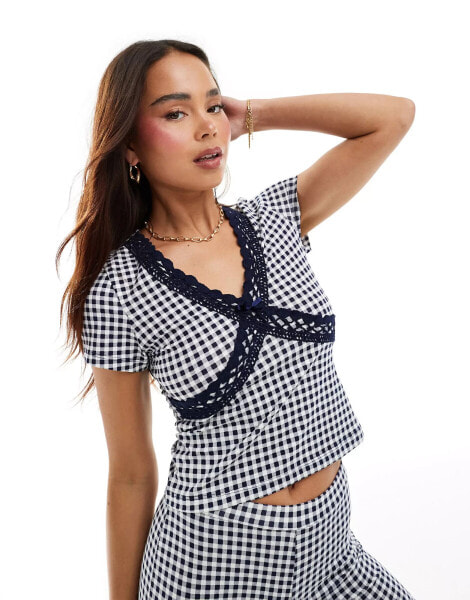 ASOS DESIGN v neck cap sleeve top co-ord with lace trim in gingham