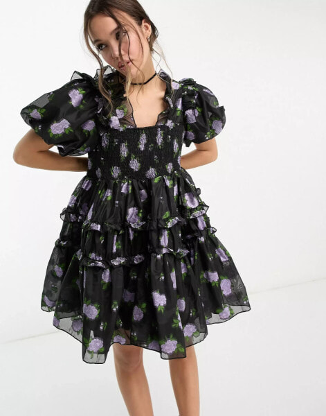 Dream Sister Jane – Minikleid in Schwarz mit Puffärmeln, Rüschen und Blumenmuster