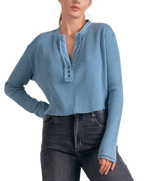 Women's Waffle-Knit Split-Neck Top