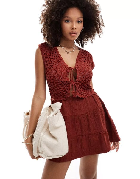 ASOS DESIGN crochet bodice mini dress with tiered skirt in red