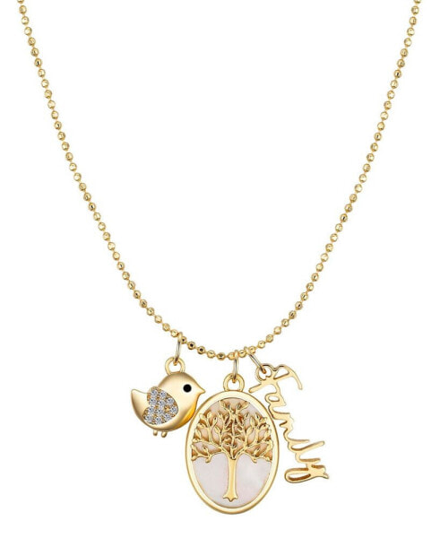 Cubic Zirconia Bird, Mother of Pearl Tree, 14K Gold Plated Family Pendant Necklace