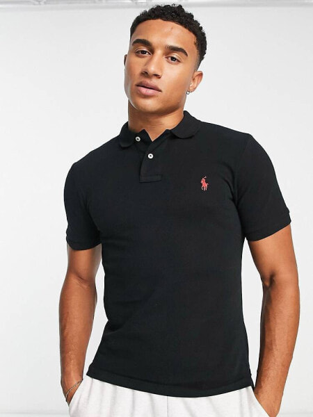 Polo Ralph Lauren slim fit pique polo with red player logo in washed black