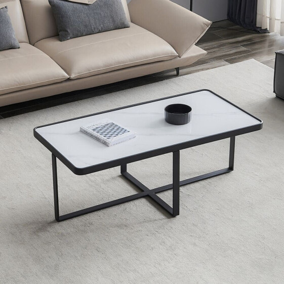 Minimalism Rectangle Coffee Table, Metal Frame With Sintered Stone Tabletop