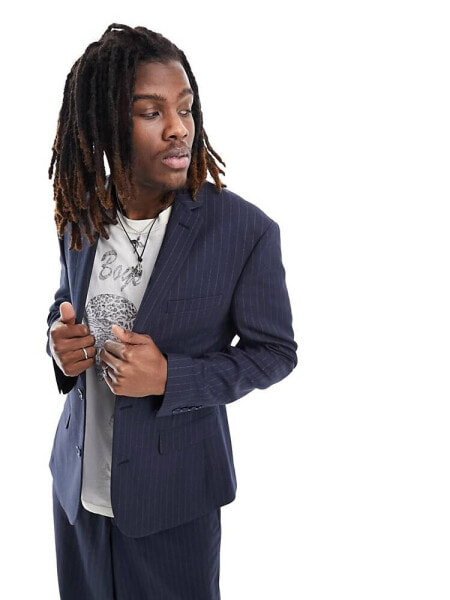 ASOS DESIGN skinny suit jacket in navy pinstripe