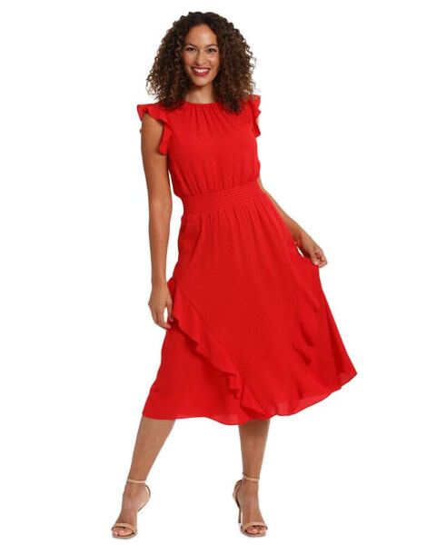 Women's Smocked-Waist Ruffle Midi Dress