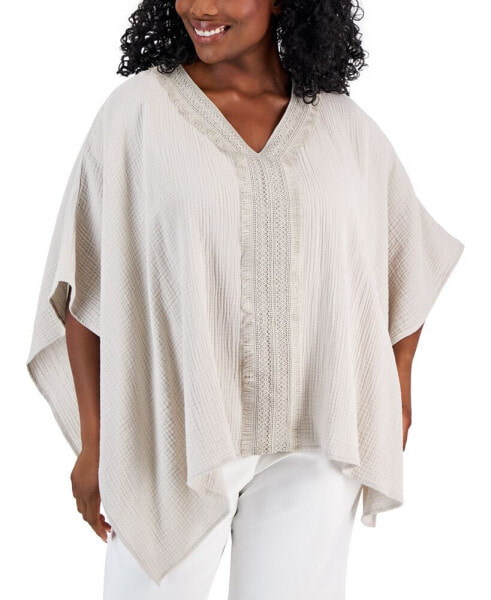 Plus Size Lace-Trim Textured Poncho, Created for Macy's