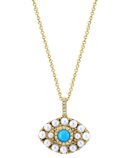 EFFY® Turquoise, Freshwater Pearl (2 - 2-1/2mm) & Diamond (1/20 ct. t.w.) Evil Eye 18" Pendant Necklace in 14k Gold