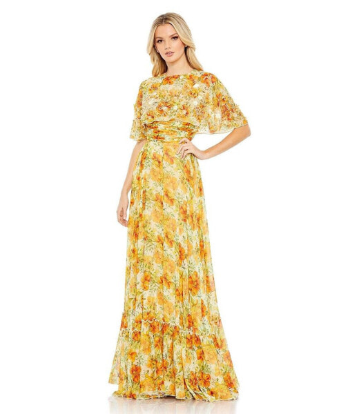 Women's Floral Print High Neck Cape Sleeve A Line Gown