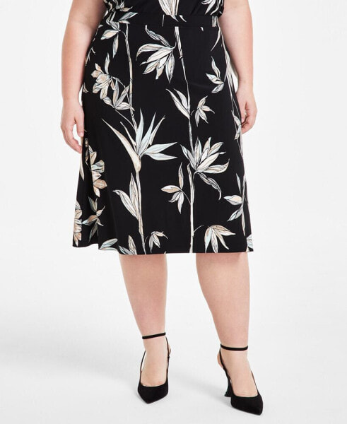 Plus Size Printed Flared Midi Skirt