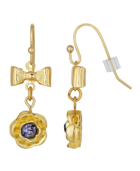 Gold-Tone Purple Flower Bow Drop Earrings