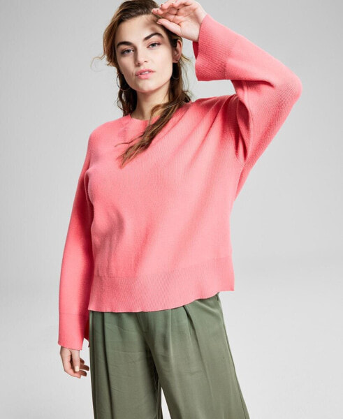 Women's Striped Crewneck Split-Cuff Sweater, Created for Macy's
