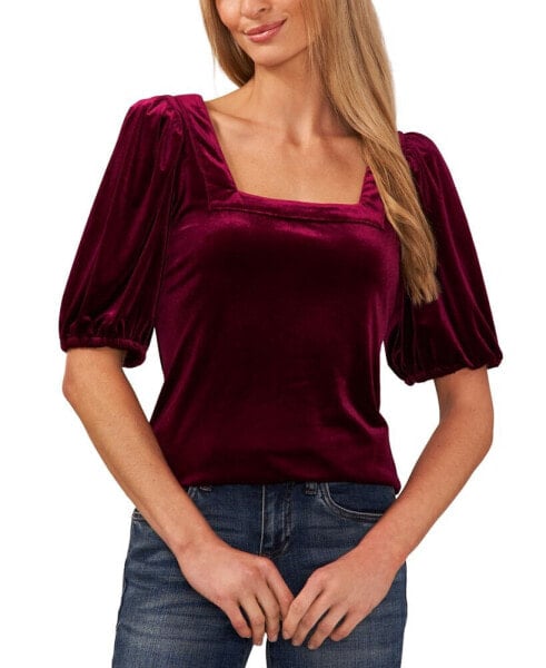 Women's Square Neck Short Puff Sleeve Velvet Top