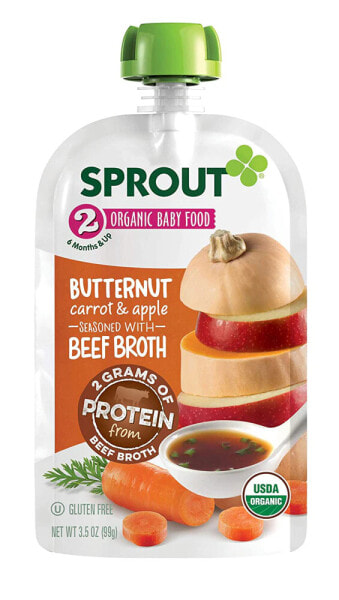 Детское пюре Sprout Organic Baby Food 6 шт, с ростками, орехами, морковью и яблоком, заправленными говяжьим бульоном, 6 месяцев и выше